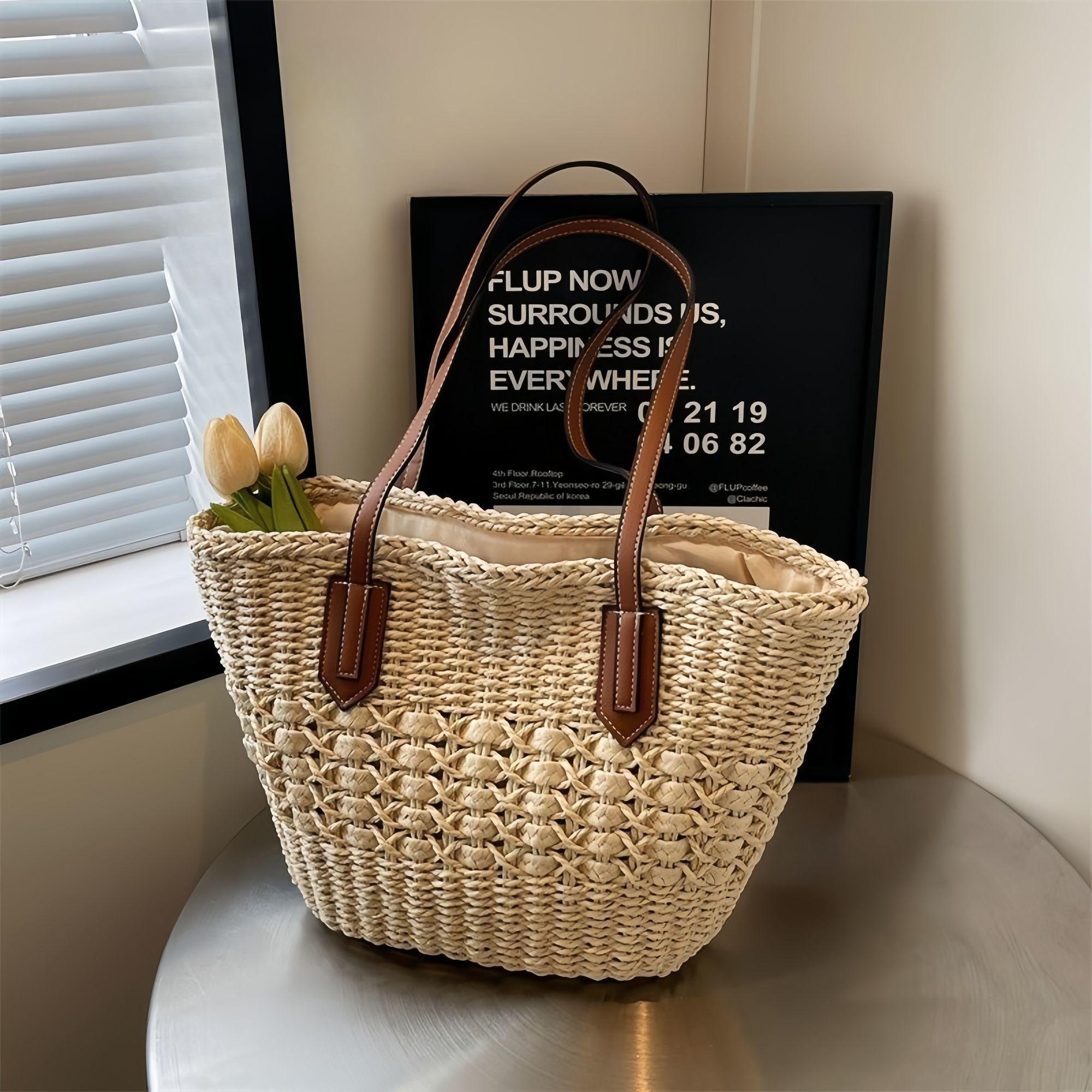 

Пляжная сумка-тоут из соломы большой вместимости для женщин - Летняя отпускная сумка через плечо для пляжа и поездок на работу бежевый