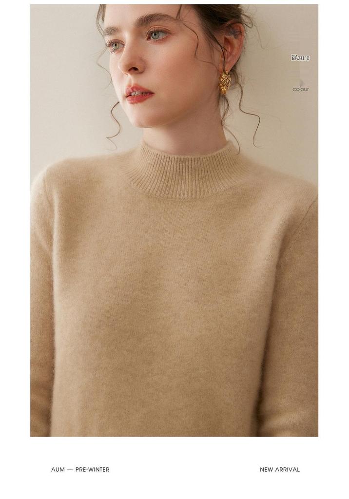 Women's Thickened Cashmere Long Sleeve Pullover - Half-High Neck, 100% Pure Knit for Autumn/Winter