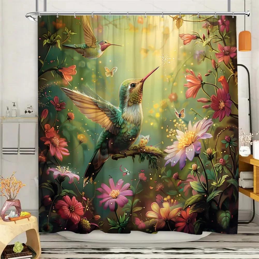 

Шторка для душу з колібрі Квітковий Ботанічний Сільський Пейзаж Вінтажний Джунглі Сучасний Дім Поліестерова Тканина Декор для Ванної Кімнати Шторки 150x180cm-60x70in
