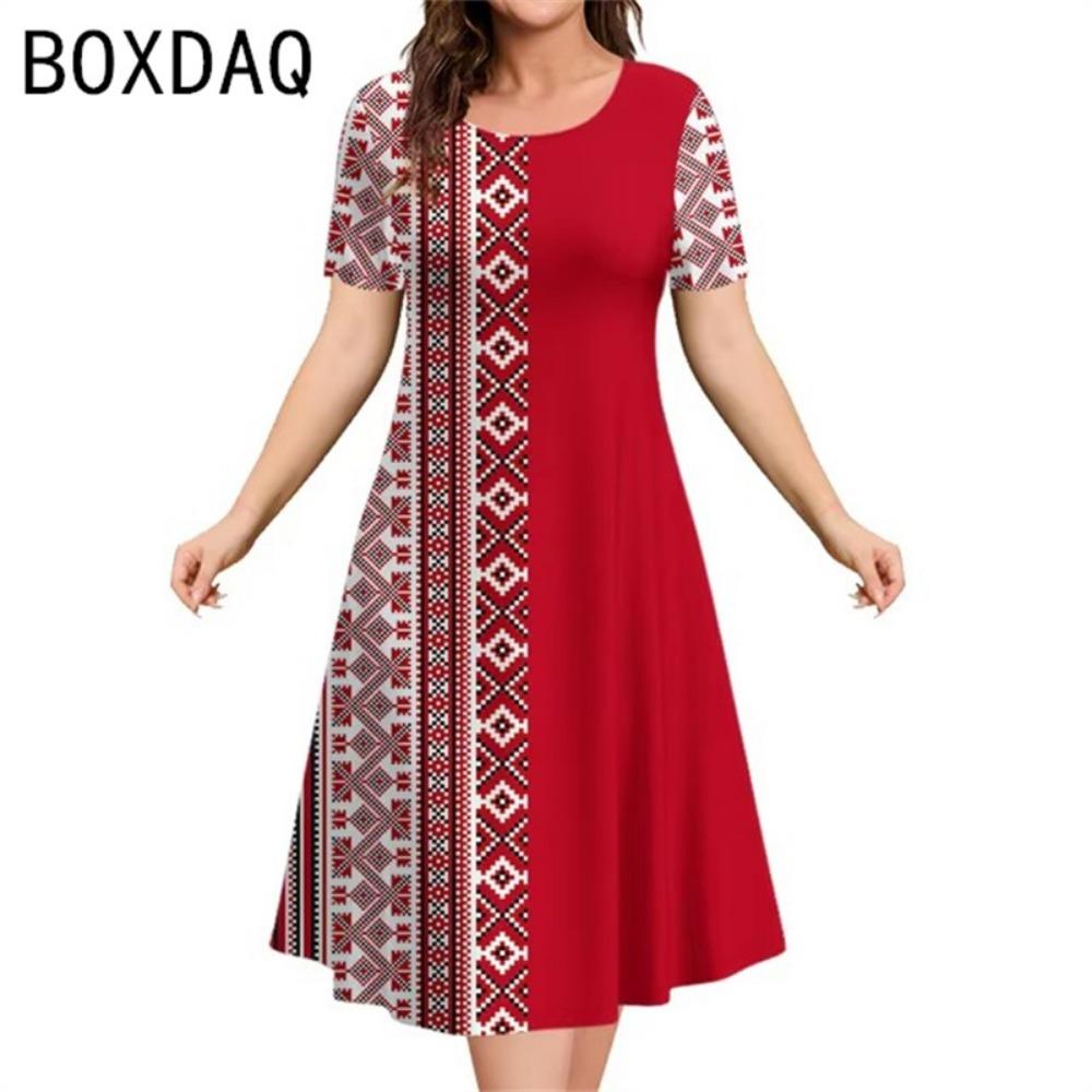 

Элегантное А-силуэтное платье 3XL, женское, с коротким рукавом, круглым вырезом, повседневное, с винтажным этническим стилем, оверсайз, с принтом в виде букв S