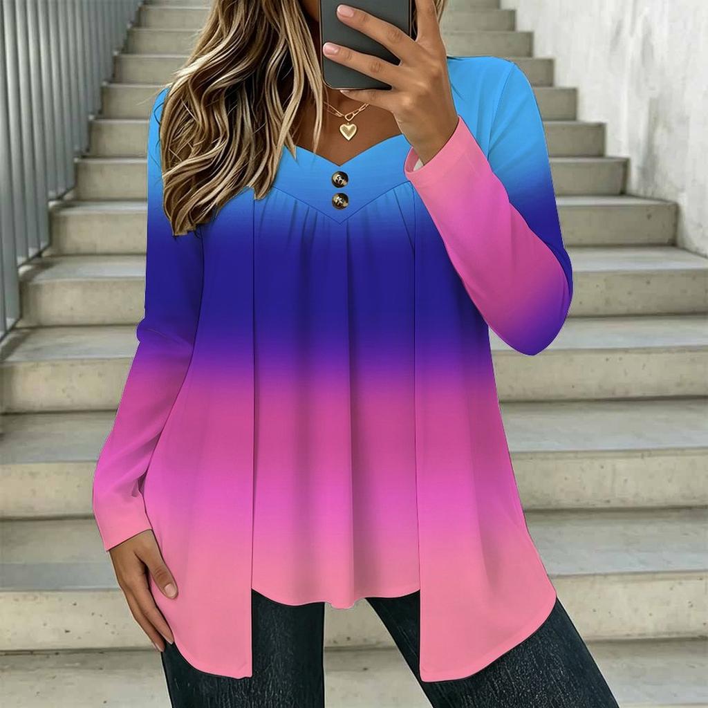 Women Plus Size Square Collar Long Sleeve T Shirt Double Layer Front Clay Tone Harvest Floral Printed Loose Top