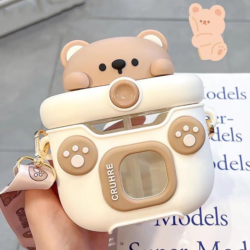 Милая Мультяшная Плоская Бутылка для Воды с Силиконовой Крышкой-Кружкой для Детей, С Соломинкой, Термостойкая Пластиковая Чашка, Чайники для Детского Сада 500ml