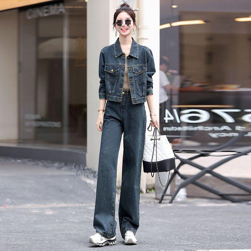 Women's Denim Suit: Spring & Autumn 2025 Fashionable Two-Piece Set with Wide-Leg Pants & Cropped Jacket.