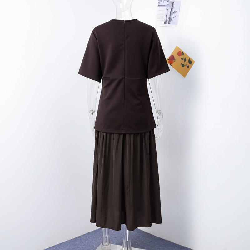 Elegant Knit Spliced Long Dress Women Fashion O-neck Half Sleeve Pleated Party Dresses 2025 Spring Summer Lady Commute Robes