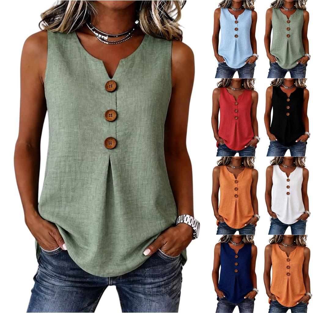 Women’s Sleeveless V Neck Button Front Blouse Loose Fit Casual Summer Tank Top with Pleated