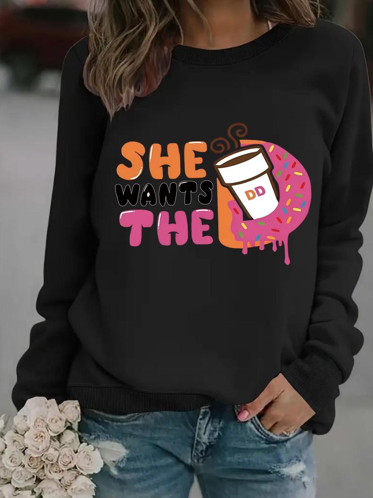 European & American Women's Casual Autumn/Winter Long-Sleeve Round Neck SHE Print Pullover Hoodie
