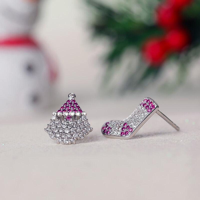 Huitan Irregular Christmas Earrings Women Rose Red Color Santa Claus and Sock Stud Earrings Dazzling CZ Exquisite Female Jewelry