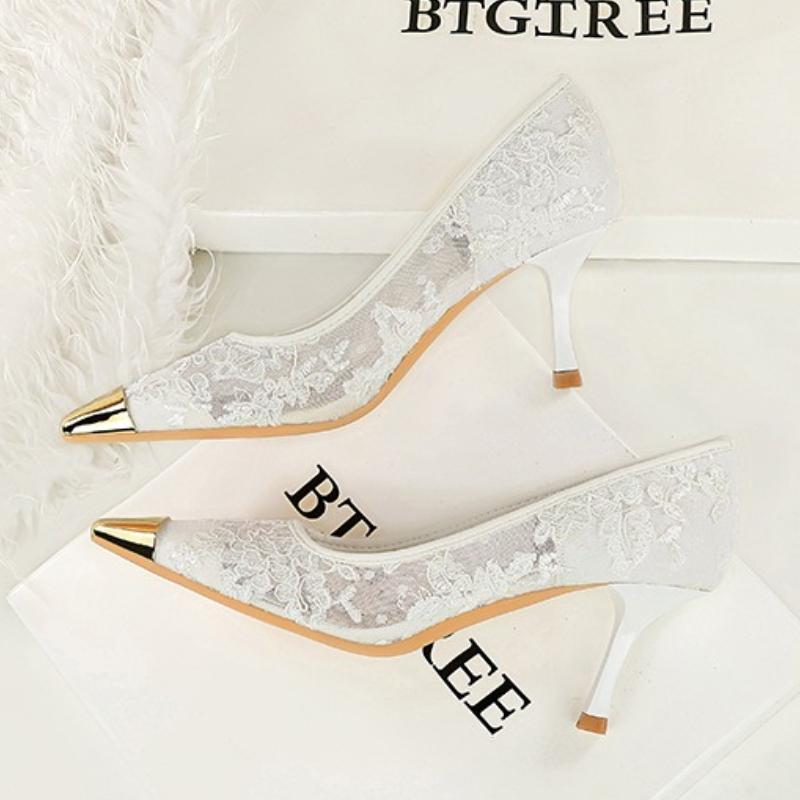 Fashion Summer Women Sexy 7cm High Heels Mesh Sandals Burgundy Pumps Lady Lace Breathable Scarpins Office Party Stripper Fetish Shoes