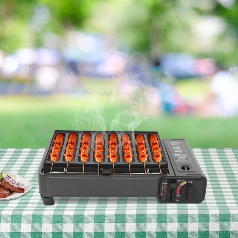 Gas Grill Stove with Sausage Grill Plate Plastic Box Portable Camping Butane Stove Adjustable Flame for Outdoor Picnic BBQ