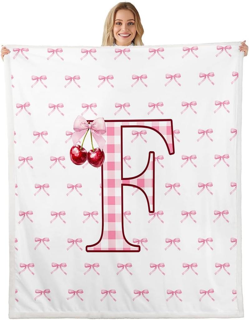 Erosebridal Initial P Letter Bowknot Fleece Blanket Throw Pink Bow Tie Cherry Sherpa Blanket Princess Coquette Decor Fuzzy