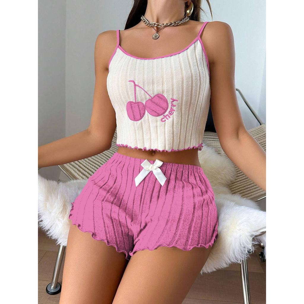 Summer 2pcs Pajamas Set for Women Casual Simple Ground Halter Vest Shorts Set Home Wear Sleepwear Loungerwear