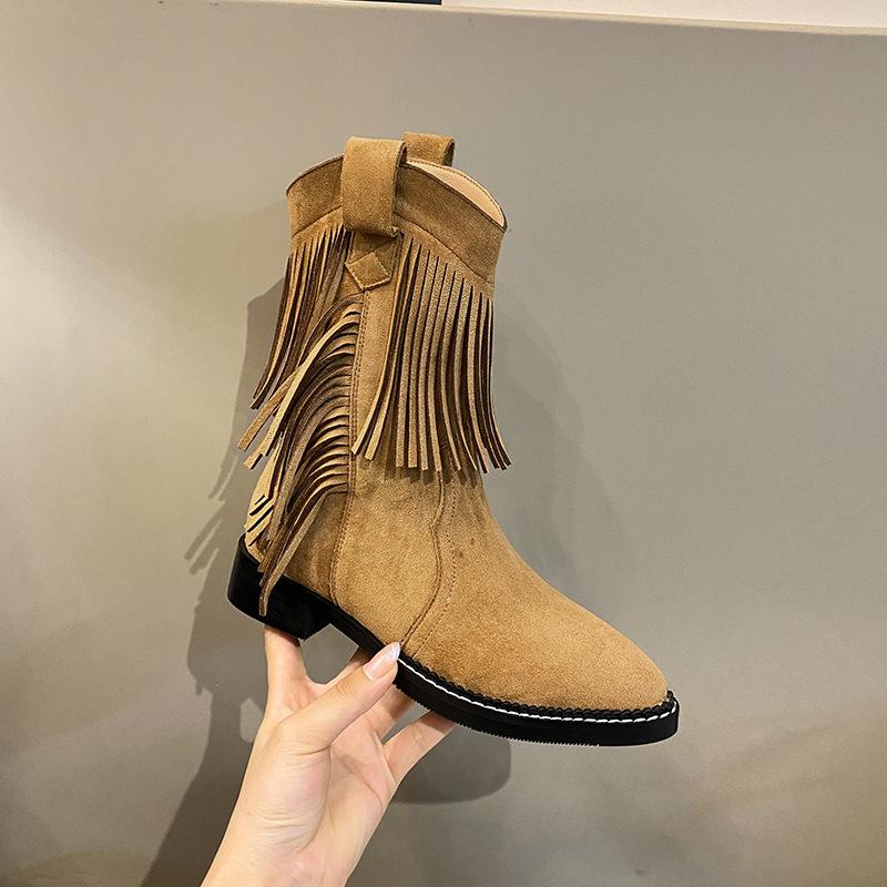 New spot pointed tassel matte western cowboy boots 2025 new design sense retro fashion thick heel short boots