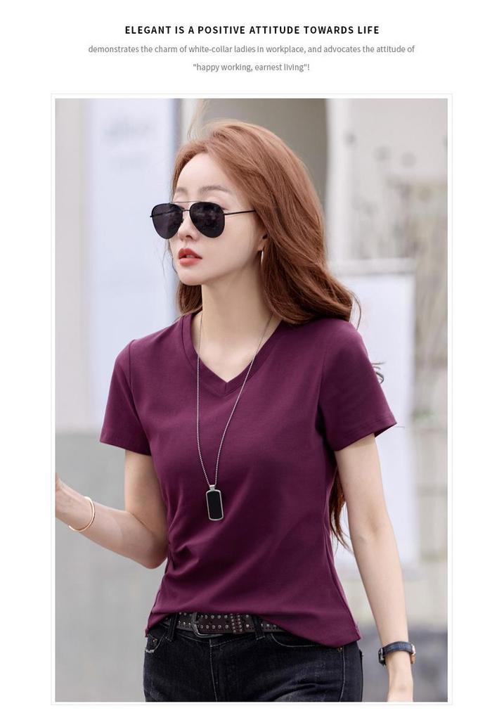 Women's Summer V-Neck Pleated Waist T-Shirt - Cotton, Short Sleeve, Elegant Korean Style