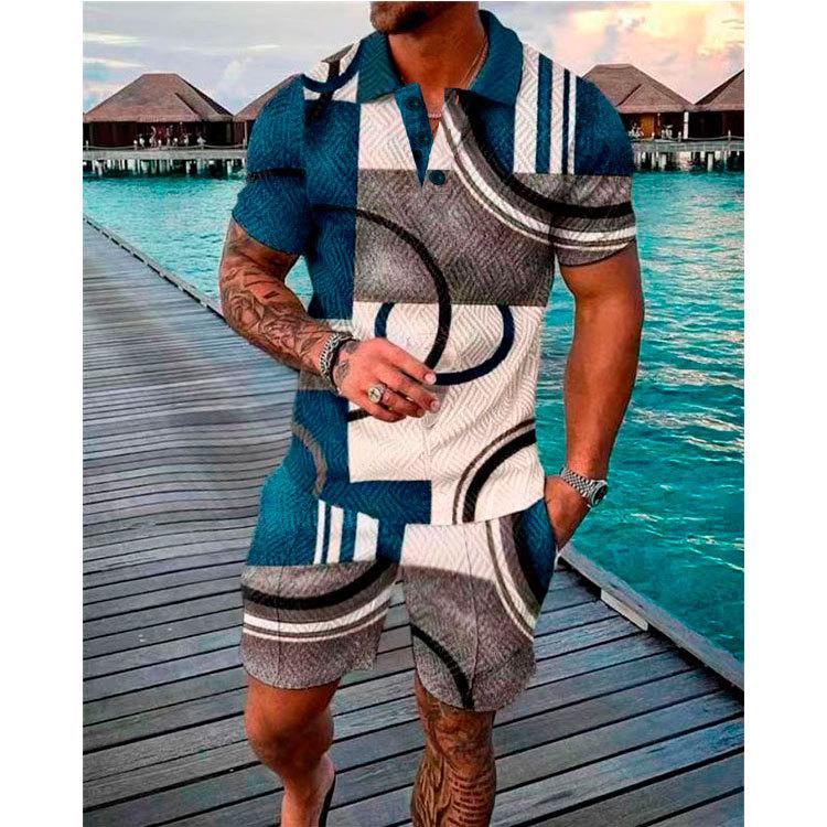 New Men'S Summer Fashion Casual Polo Shirt Collar Casual Set Collar Shorts Set Sports Men'S Solid Color T-Shirt Shorts Running Training Set