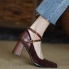 Chengdu style~ retro leather matte splicing small square head cross buckle single shoes women's spring thick heel high heels