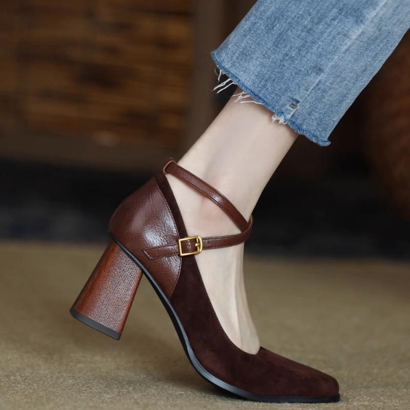 Chengdu style~ retro leather matte splicing small square head cross buckle single shoes women's spring thick heel high heels
