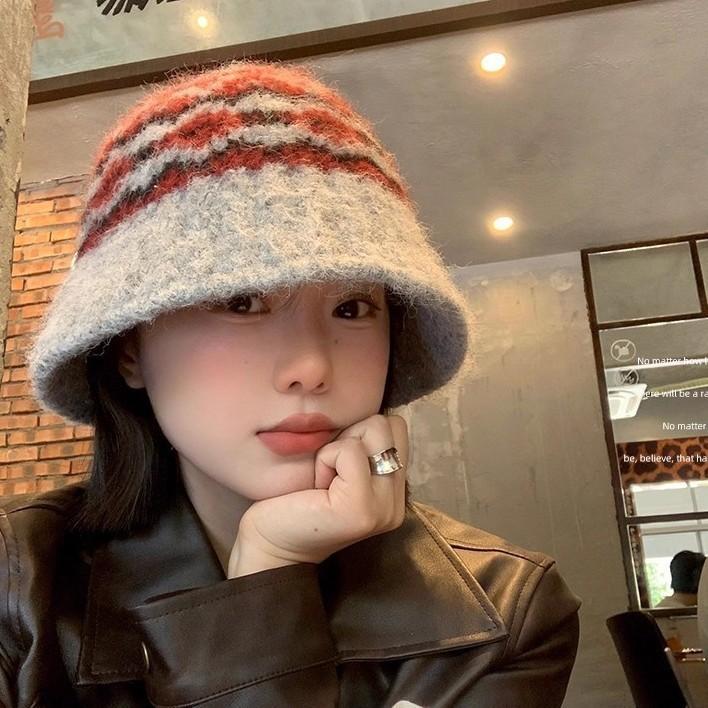 Fair Island style knitted bucket hat women's autumn and winter high-end thermal basin hat big head circumference versatile wool bucket hat