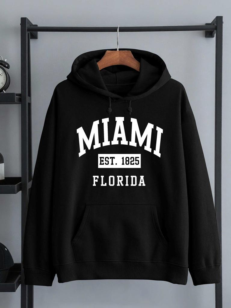 MIAMI EST 1825 FLORIDA unisex Winter Hooded Sweatshirt - Miami Print Lettering & Florida Design, Loose Fit Streetwear Pullover, Warm Casual Sweater fo