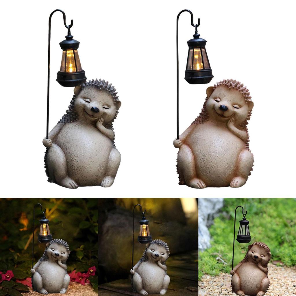 Garden Statue with Solar Light Hedgehog Figurine Lantern Lamp Night Patio Resin Animal