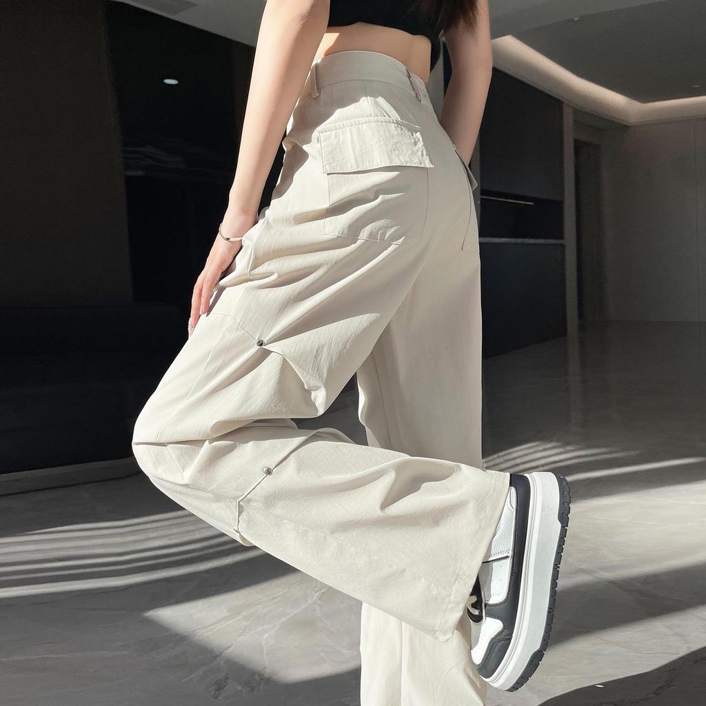 2025 Women's Quick-Dry High Waist Casual Pants – Loose, Elastic, Ice Silk Wide-Leg Overalls for Spring
