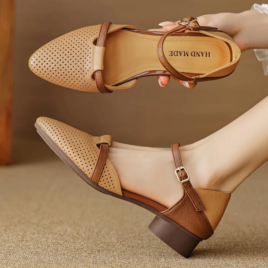 Fashion 2025 women's sheepskin mix color patchwork hollow-out ankle strap flats sandals pointed toe casual  summer shoe