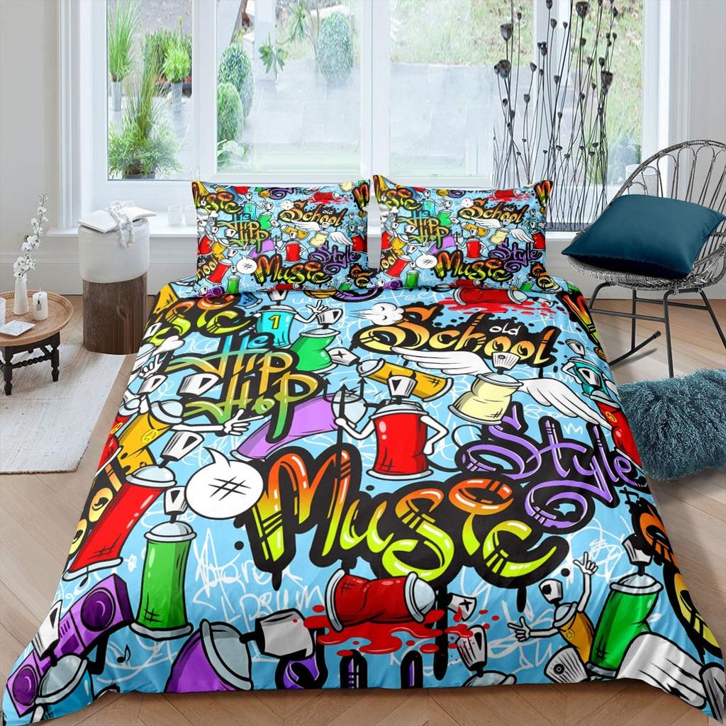 Hippie Graffiti Duvet Cover Hip Hop for Kids Teens Adults Wall Urban Street Art Theme Polyester Quilt Cover Bedroom Decorations