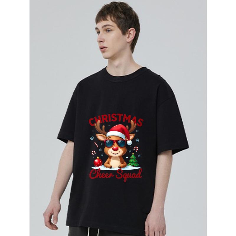 Christmas T Shirt Black Reindeer with Santa Hat and Sunglasses Christmas Cheer Squad Print Holiday Party Wear