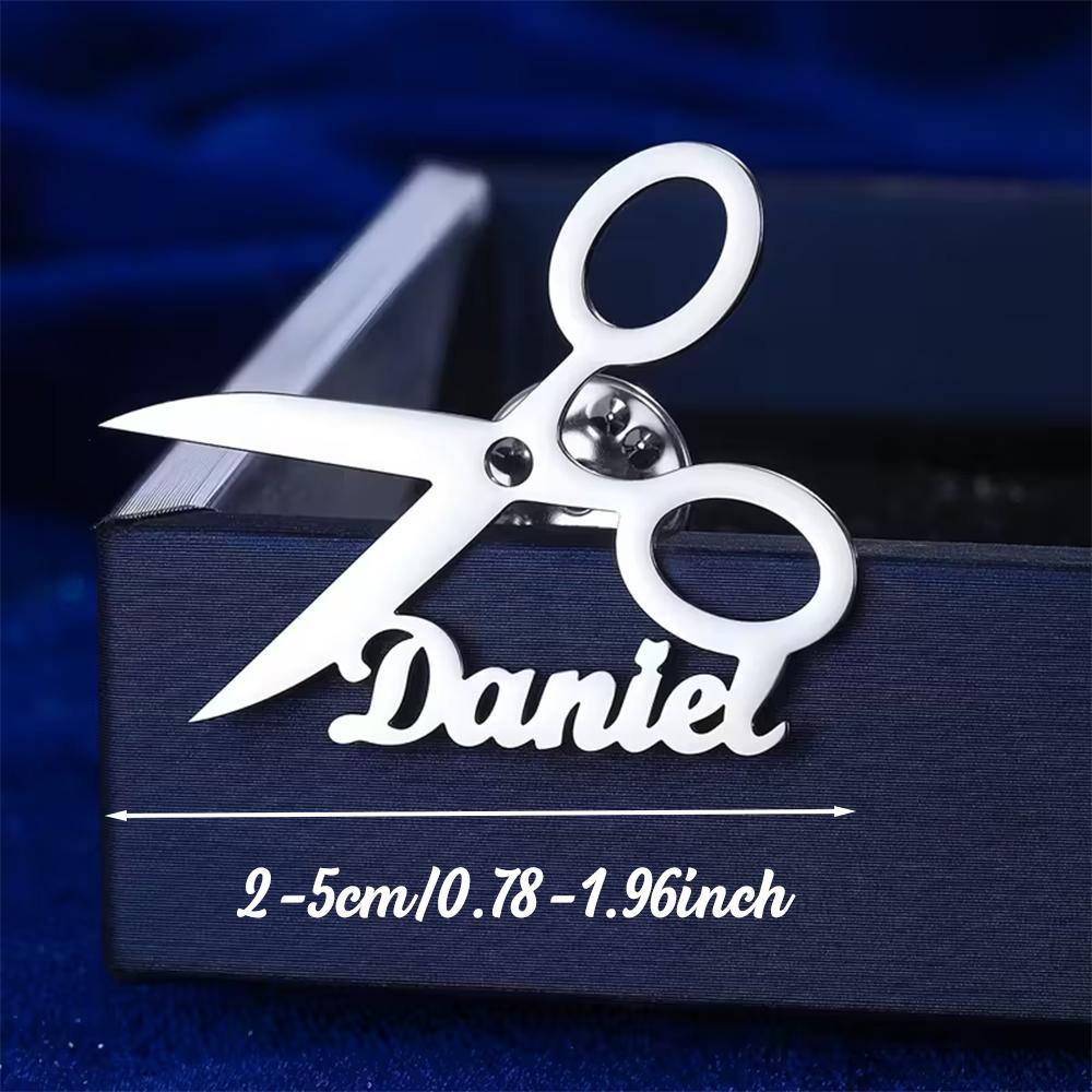 

Personalized Stainless Steel Scissors Brooch Pin Men Custom Name Hairdresser Design Clothing Badge Accessories Jewelry Birthday