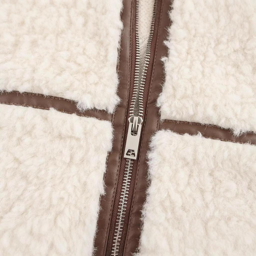 2024 Women's Winter Fashion Stand Collar Shearling Jacket with Zipper