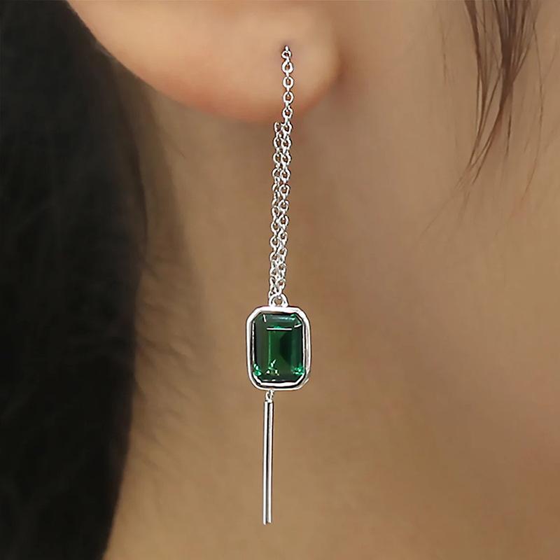 Silver Plated Emerald Cut Green CZ Threader Earrings, Long Chain Drop Earrings for Women