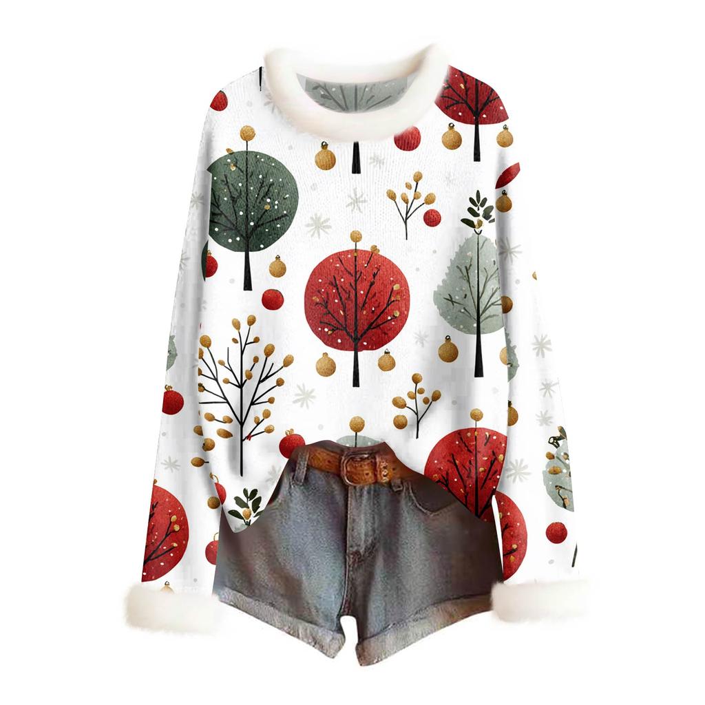 Women's Fashionable Christmas Printed Wool Collar Sweater Casual Long Sleeved Knitted Pullover Top