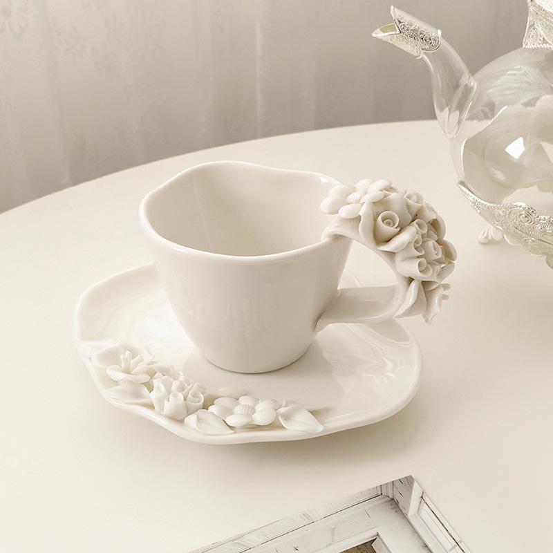 3D Florale Keramik Kaffeetasse & Untertasse Premium Handgefertigt Dessertschale Set