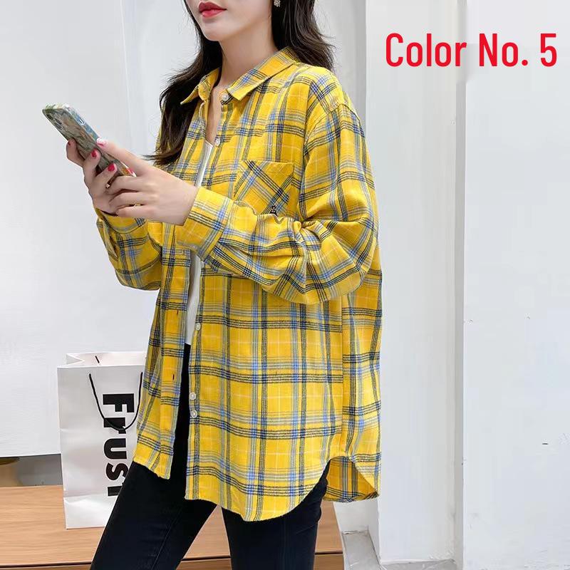 Women's Long Sleeve Plaid Shirt - Korean Style Loose Cotton, Mid-Length, Brushed Retro Jacket, Plus Size for Spring and Autumn.