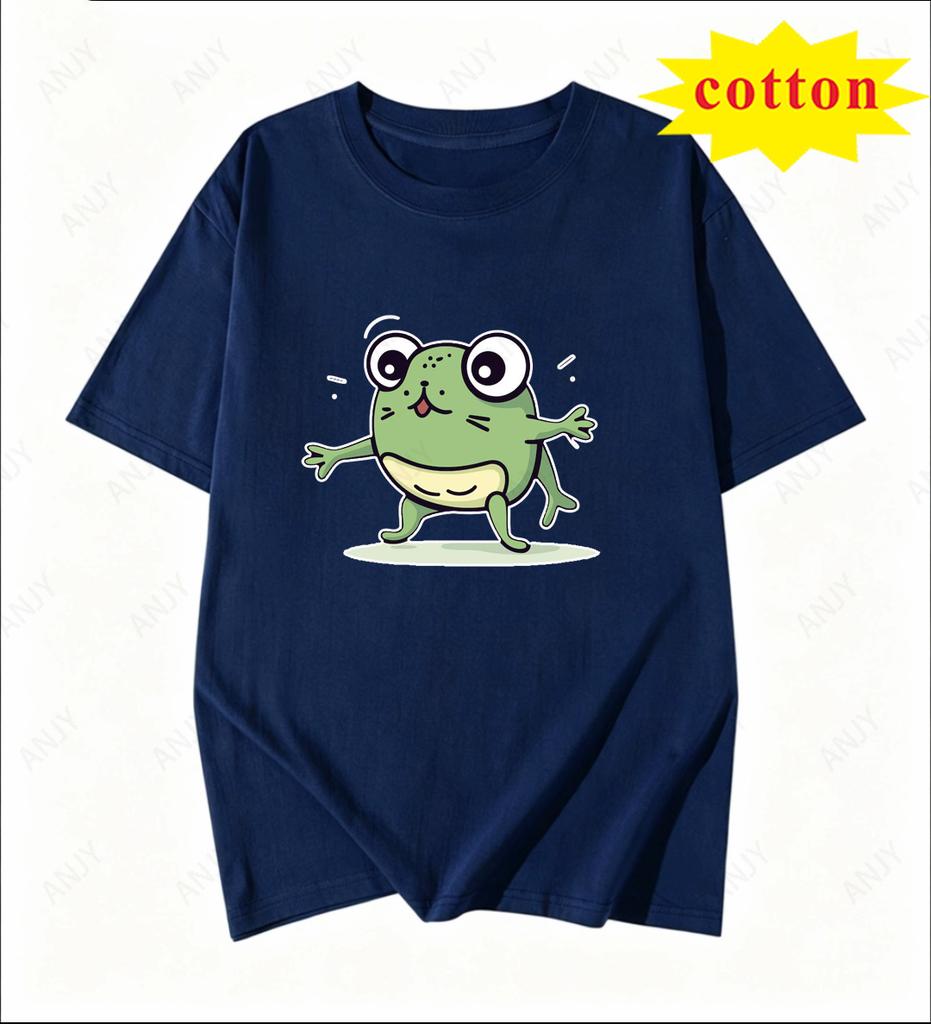 American Cartoon Tattered Frog Print Tshirt With Quirky Emotional Style Casual Short Sleeved Summer Top
