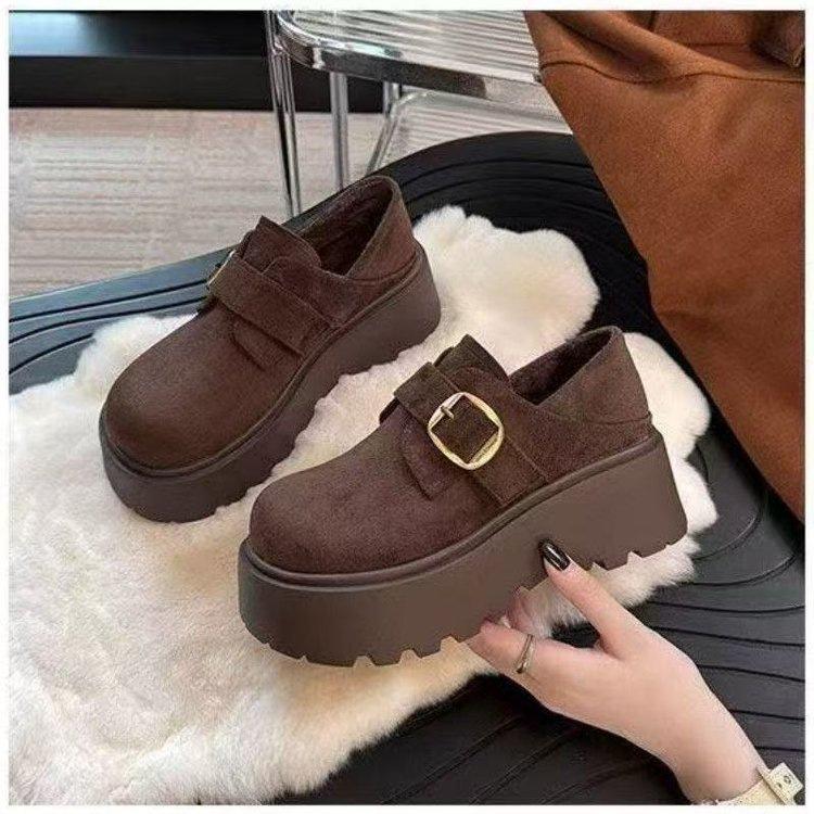 Muffin platform Birkenstocks autumn and winter new heightening shoes fleece warm small matte leather cotton shoes