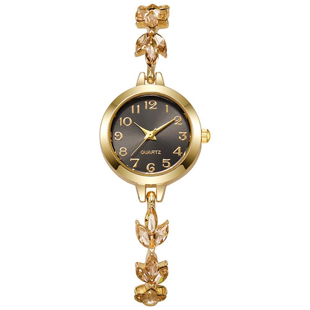 Numeral Dial Women Bracelet Watch Violet Leaves Diamond Setting Elegant Quartz Watch Round Alloy Case Adjustable Luxury Watch