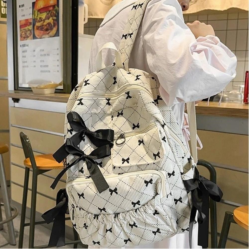 Fashion Corduroy Bow Schoolbag Large Capacity Ins Style Versatile Backpack Bow Print Students Backpack Student