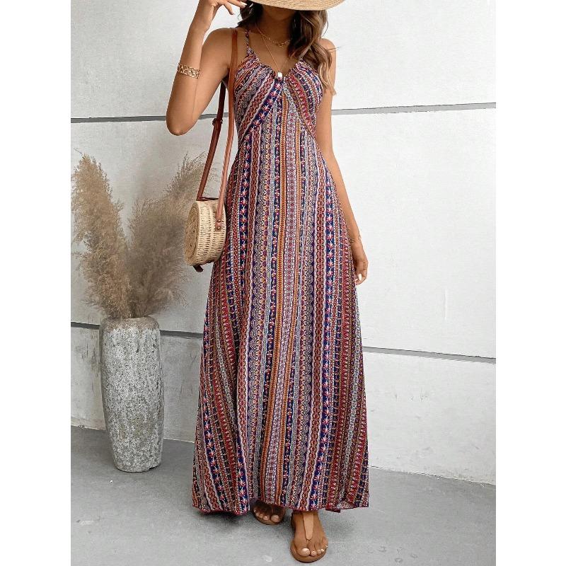 Women's Summer Ethnic Pattern Backless Split Thigh Dress Ladies Summer Clothes Fashion Frill Trim Long Dress Beach