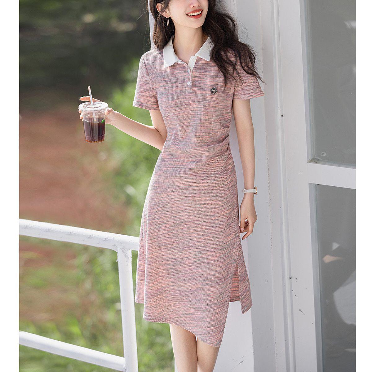 

2026 Summer Smart Color Block Polo Knit Dress for Women M Accessories (Recommended 90-105 lbs) персиковий