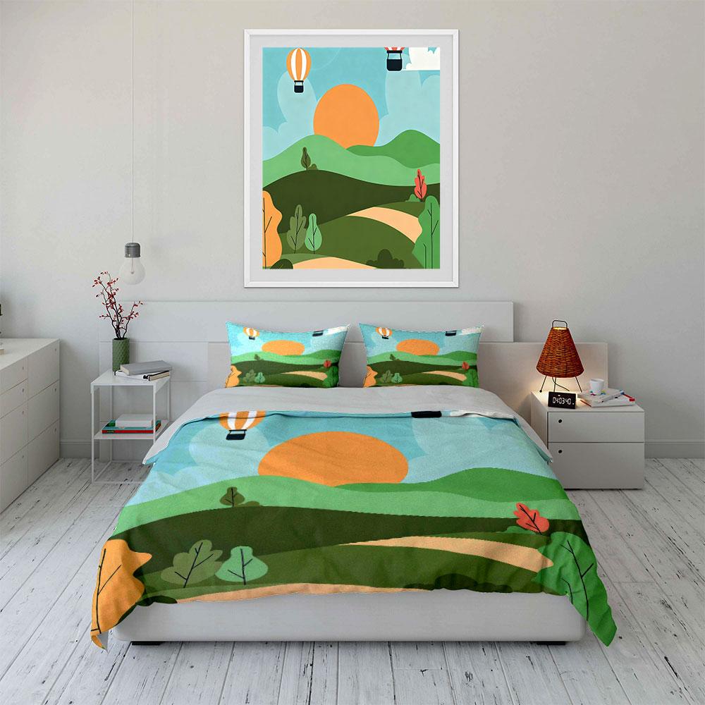 Hot Air Balloon Landscape Decor Soft Comfortable Duvet Cover Bedding Set Included 1*Duvet Cover & 2*Pillowcases, Gift
