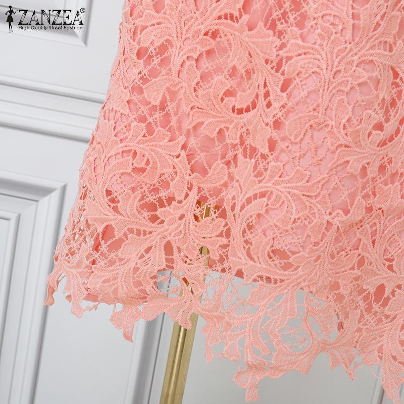 ZANZEA Women Casual Lace Crochet Patchwork Short Sleeve Sheath Dress