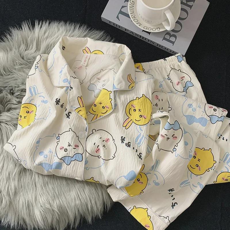 "Dámské bavlněné pyžamo s třešňovým medvídkem - Jaro/Podzim, Dlouhý rukáv, Roztomilý kreslený svršek"