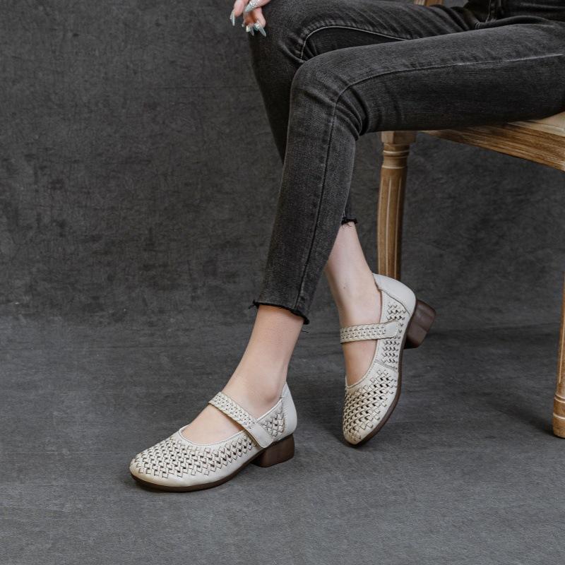 Fashion GKTINOO 2025 New Spring Summer Top Layer Cowhide Hollow Women's Mid Heel Shoes Sandals Comfort Breathable Genuine Leather Shoes