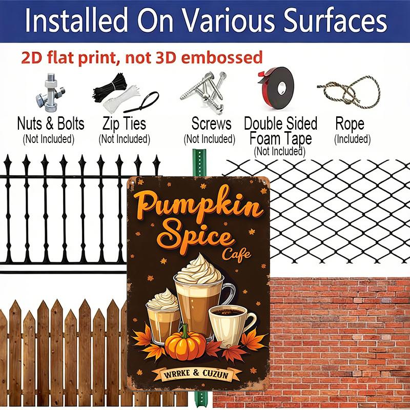 2D Flat Pumpkin Spice Cafe Vintage Metal Sign - 8.0x12.0inch Aluminum Wall Art, Retro Fall Coffee Shop Decor with Latte Pumpkin Maple Leaves