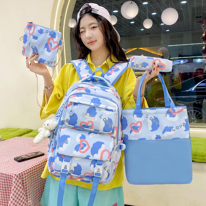 School bag girl love backpack large capacity junior high school campus school bag girl cute casual four-piece backpack