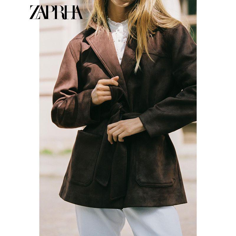 Zaprha 2025 Autumn New Women With Belt Suede Effect Lapel Long Sleeve Jacket 4968221