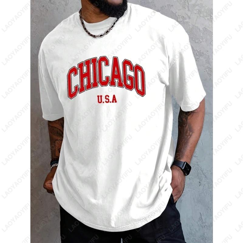Mens Cotton Chicago Bold Letter Graphic TShirt Summer 2025 Streetwear Casual Loose Fit Unisex Round Neck Printed Tshirt Tops