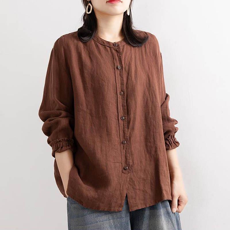 Cotton Linen Shirt Literary and Retro Style Women's Loose Round Neck Shirt Casual Thin Coat Close-up Sleeve Top Spring and Autumn