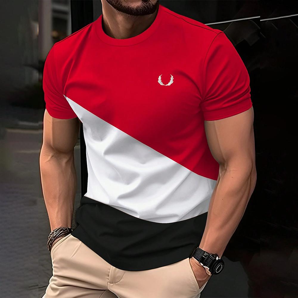 Fashion Color Blocking 3D Print Men's T Shirt Casual Round Neck Short Sleeve Tops Comfortable Breathable Loose Tees Men Clothing