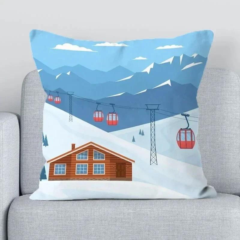 Горнолыжный курорт Лыжные атрибуты Печатное украшение Декор для офиса Наволочка Наволочка для домашней подушки Квадратная,(5) 30x30cm